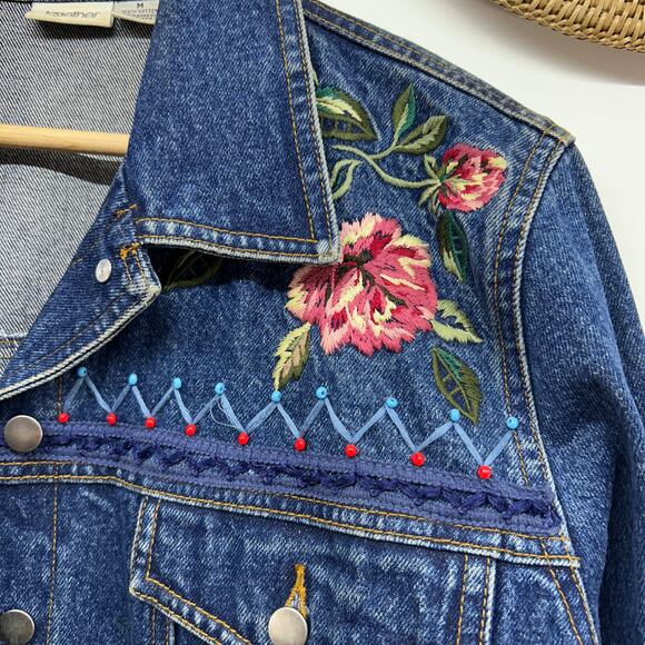 Vintage Y2K 2000s Together Blue Embroidered Beaded Denim Jean Jacket Medium - Picture 6 of 10